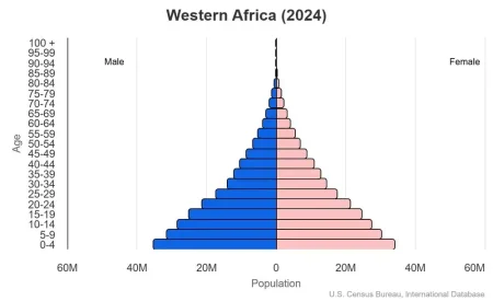 Benin, Burkina Faso, Cabo Verde, Cote d'Ivoire, Gambia, Ghana, Guinea, Guinea-Bissau, Liberia, Mali, This is a population pyramid for the countries in Western Africa. These countries are Mauritania, Niger, Nigeria, Saint Helena, Ascension, and Tristan da Cunha, Senegal, Sierra Leone, Togo