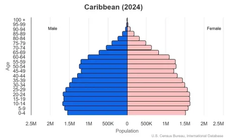 Anguilla, Antigua and Barbuda, Aruba, The Bahamas, Barbados, Cayman Islands, Cuba, Curacao, Dominica, Dominican Republic, Grenada, Haiti, Jamaica, Montserrat, Puerto Rico, Saint Barthelemy, Saint Kitts and Nevis, Saint Lucia, Saint Martin, Saint Vincent and the Grenadines, Sint Maarten, Trinidad and Tobago, This is a population pyramid for the countries in the Caribbean. These countries are Turks and Caicos Islands, British Virgin Islands, US British Virgin Islands.