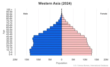 Armenia, Azerbaijan, Bahrain, Cyprus, Gaza Strip, Georgia, Iraq, Israel, Jordan, Kuwait, Lebanon, Oman, This is a population pyramid for the countries in Western Asia and the Middle East. These countries are Qatar, Saudi Arabia, Syria, Turkey, UAE, West Bank, Yemen.
